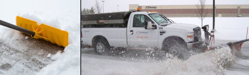 Continuum Services exterior services personnel Removing snow with a snowplow and a shovel.